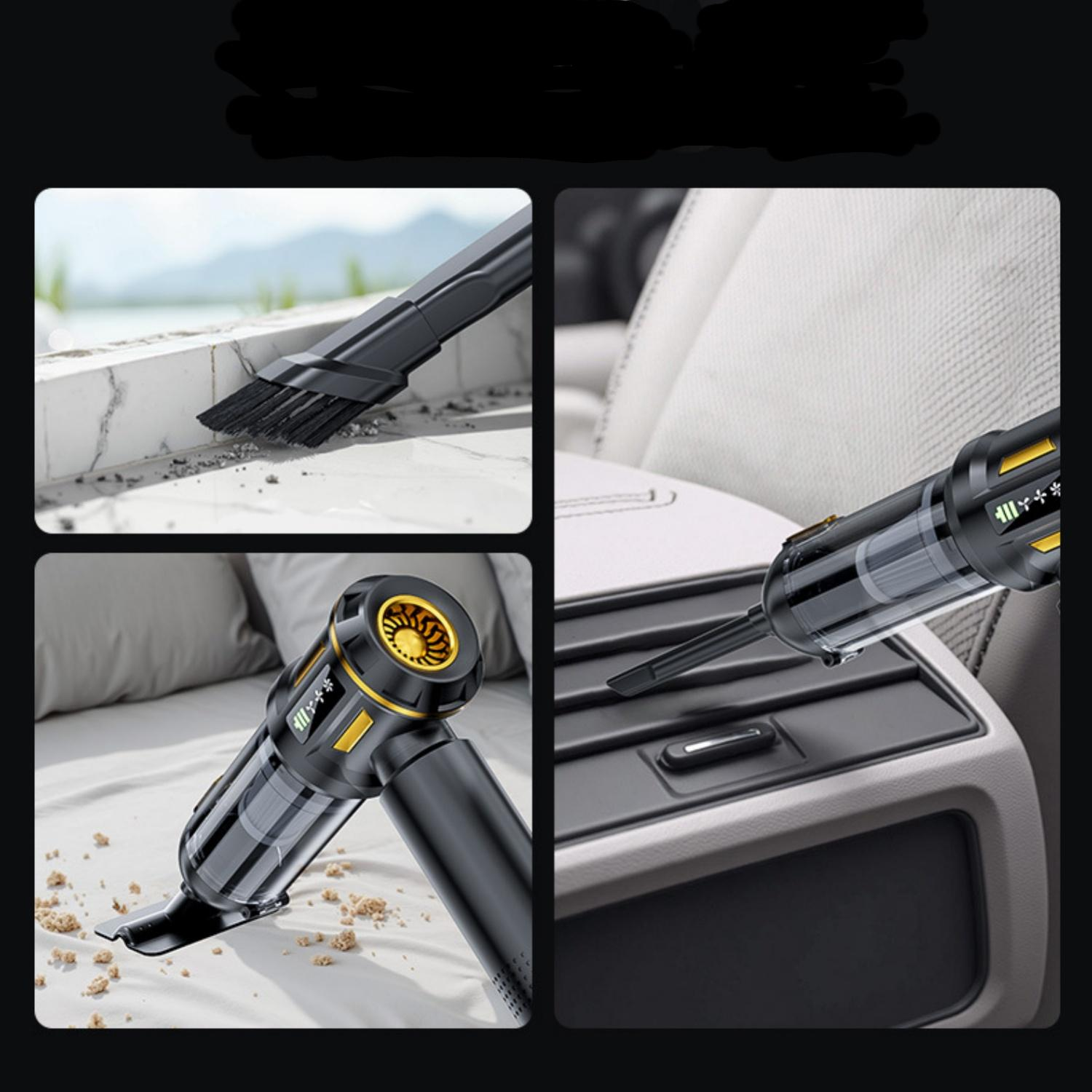 Ein tragbarer Staubsauger reinigt eine Marmorkante, ein Bett und das Innere eines Autos.