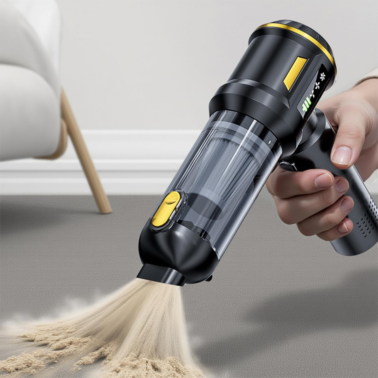 Handheld-Staubsauger saugt Staub von grauem Teppich auf. Schwarz mit Gold.