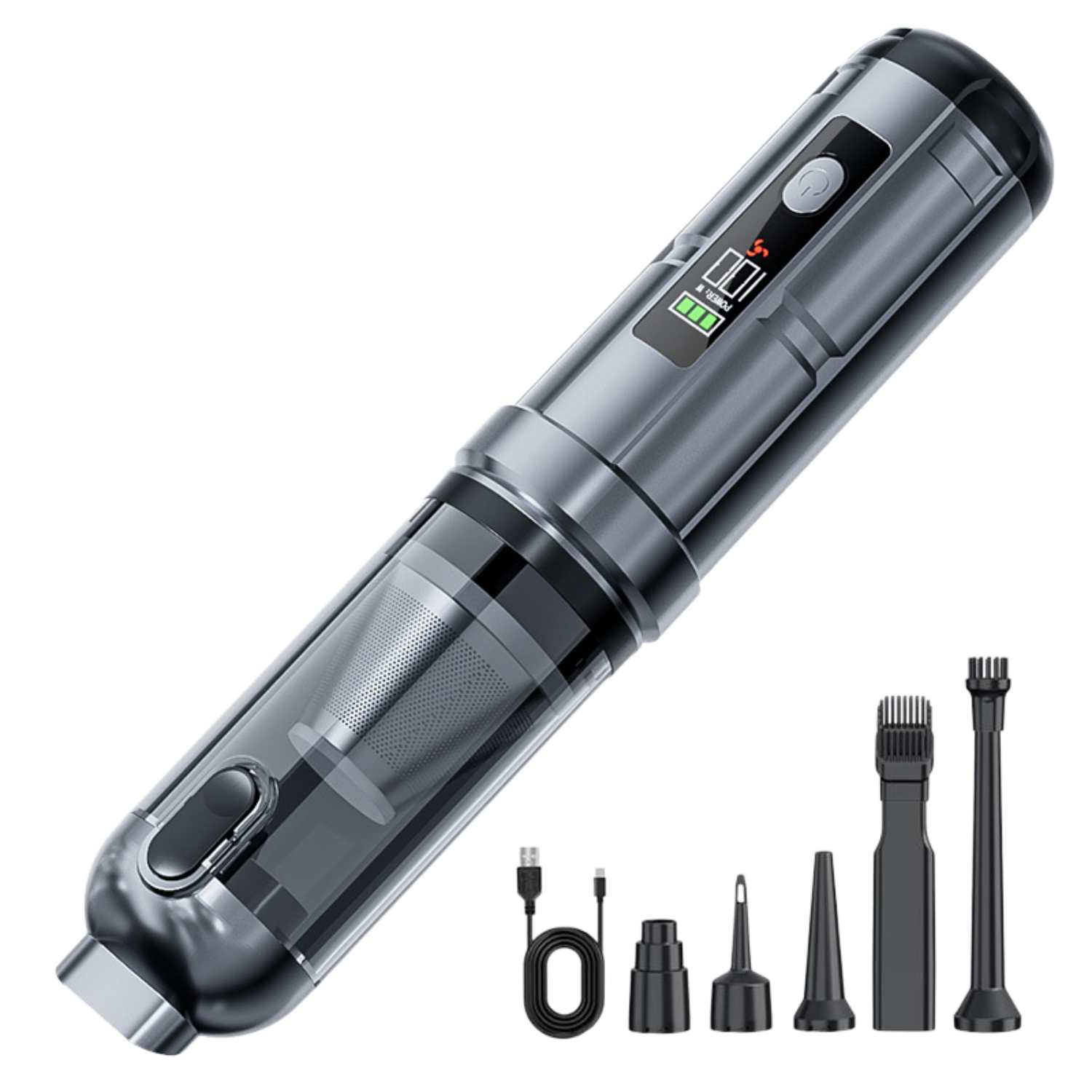 Ein kabelloser, grauer Handstaubsauger mit Zubehör und USB-Ladekabel.