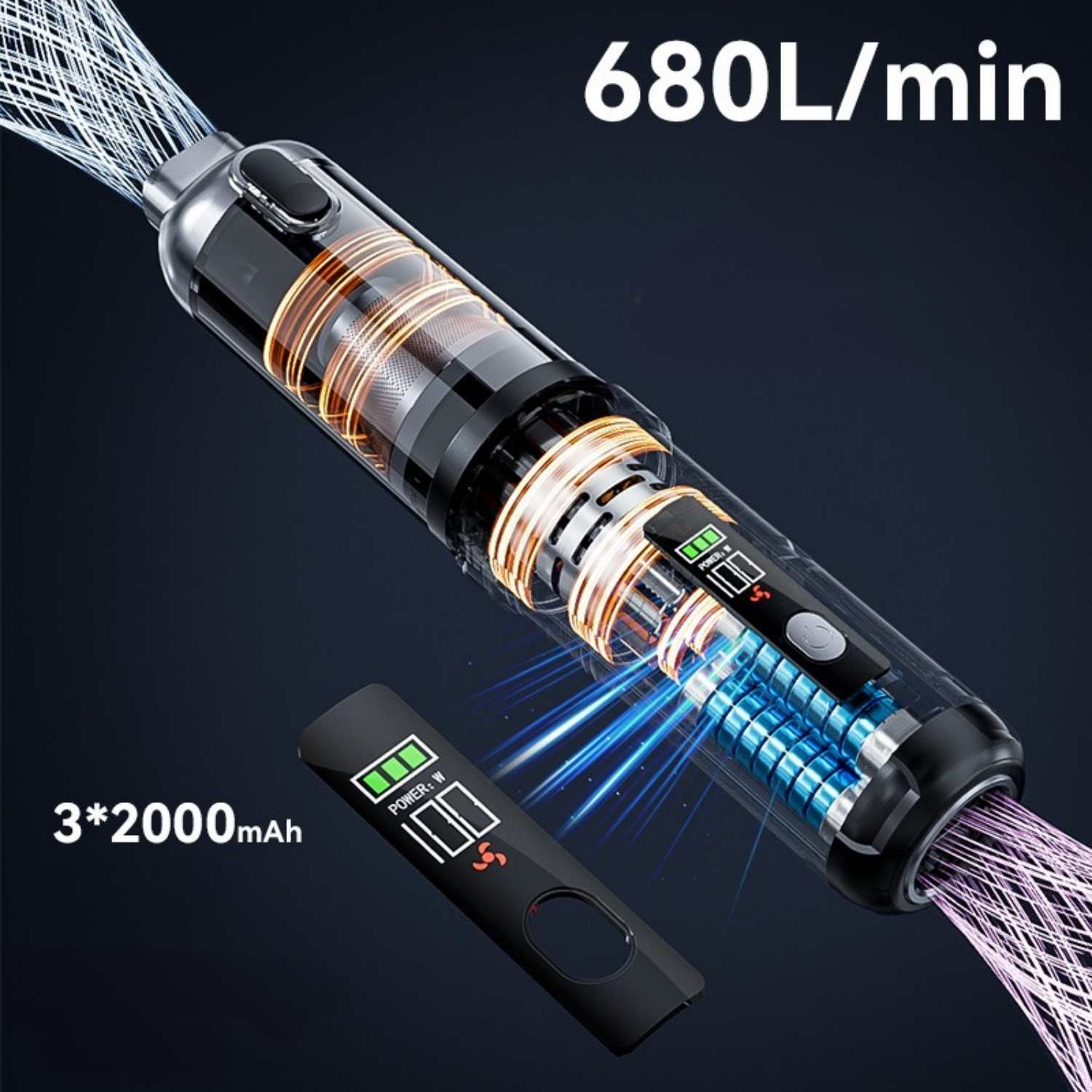 Kabelloser Staubsauger mit 680L/min, 3x2000mAh Akku, digitale Anzeige.