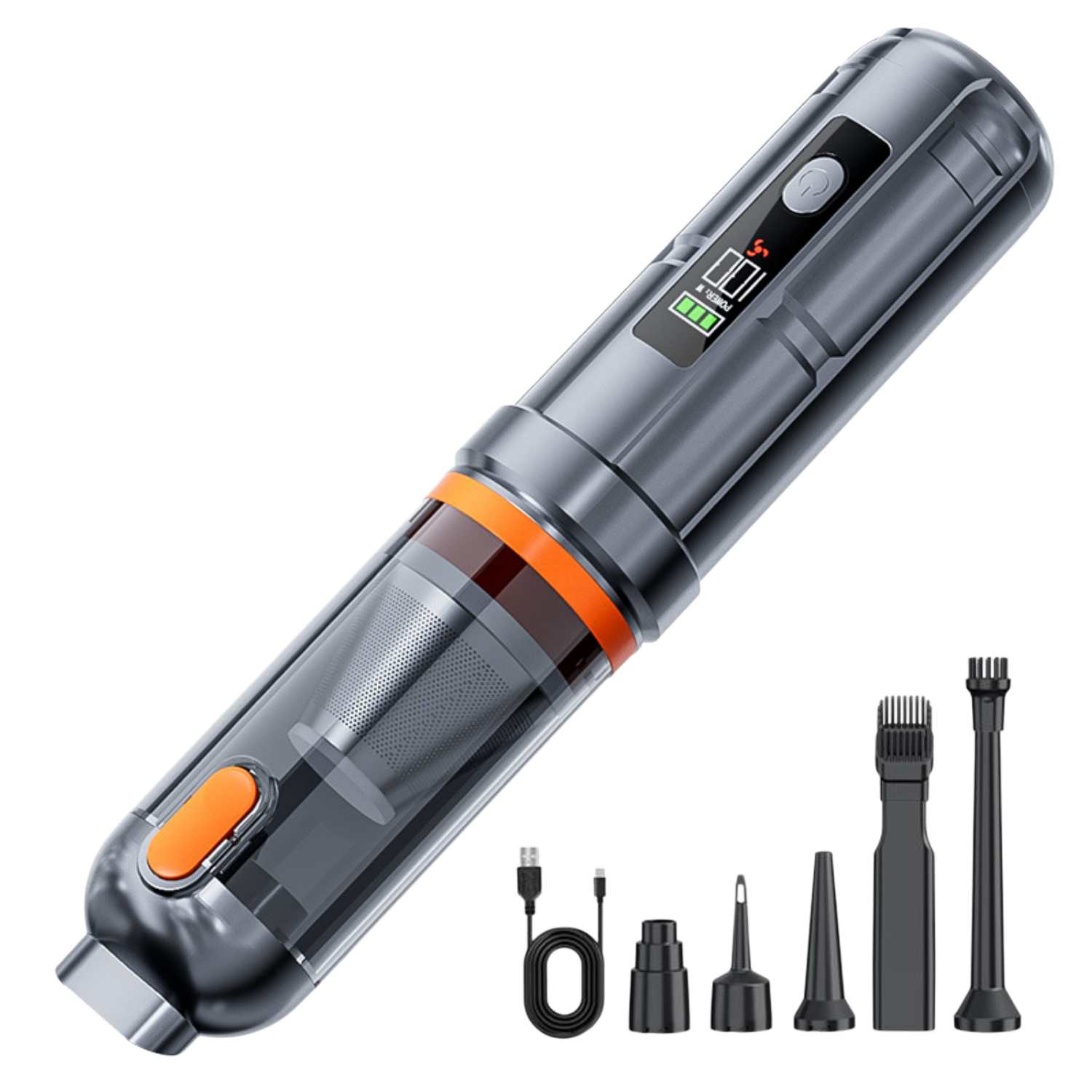Grauer Handstaubsauger mit digitaler Anzeige, Zubehör und USB-Kabel.