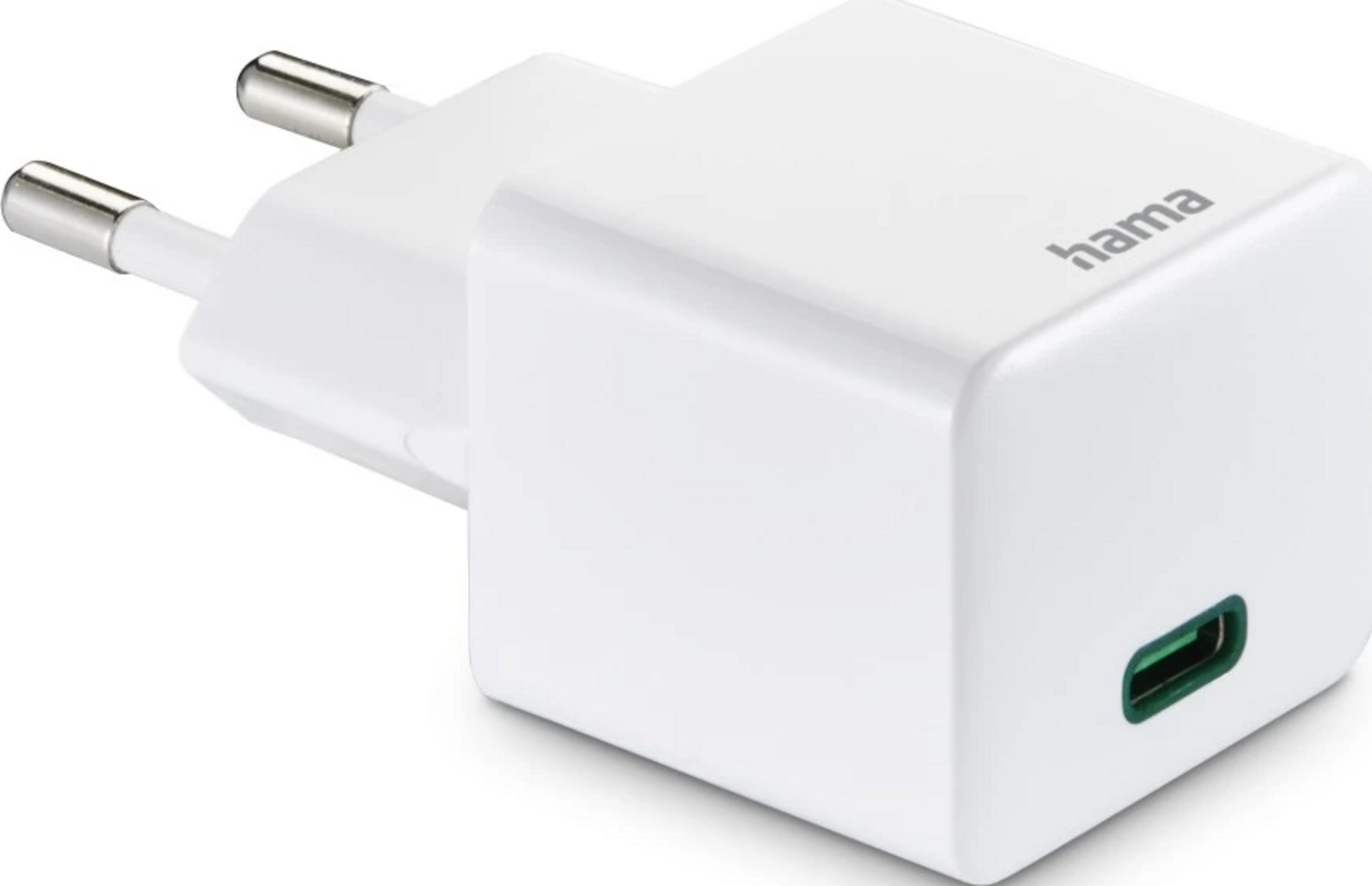 Un alimentatore Hama bianco con due pin metallici e una porta USB-C verde.