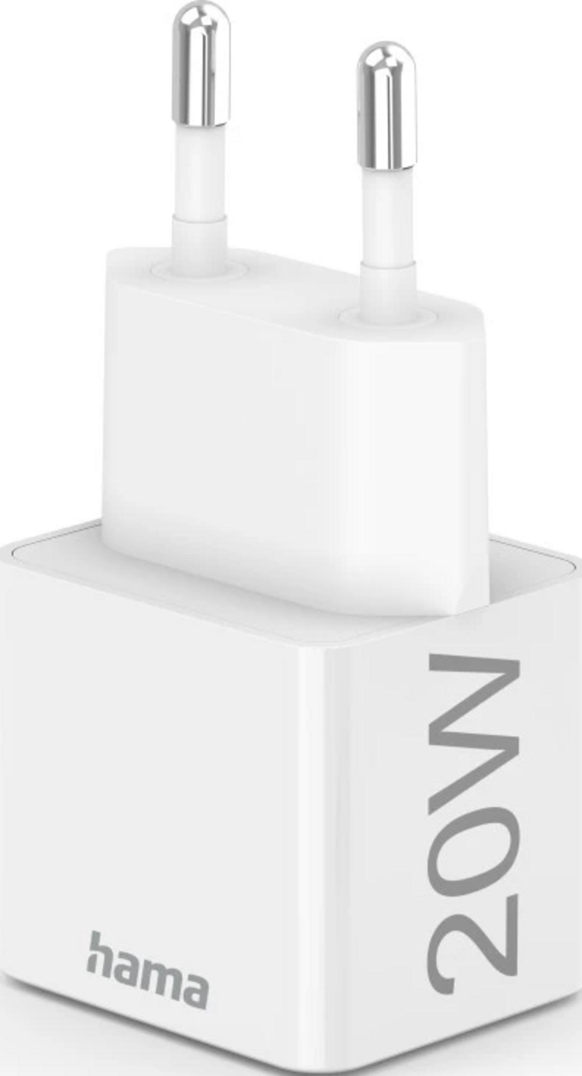 Adattatore di alimentazione Hama bianco da 20W con due pin metallici argentati.