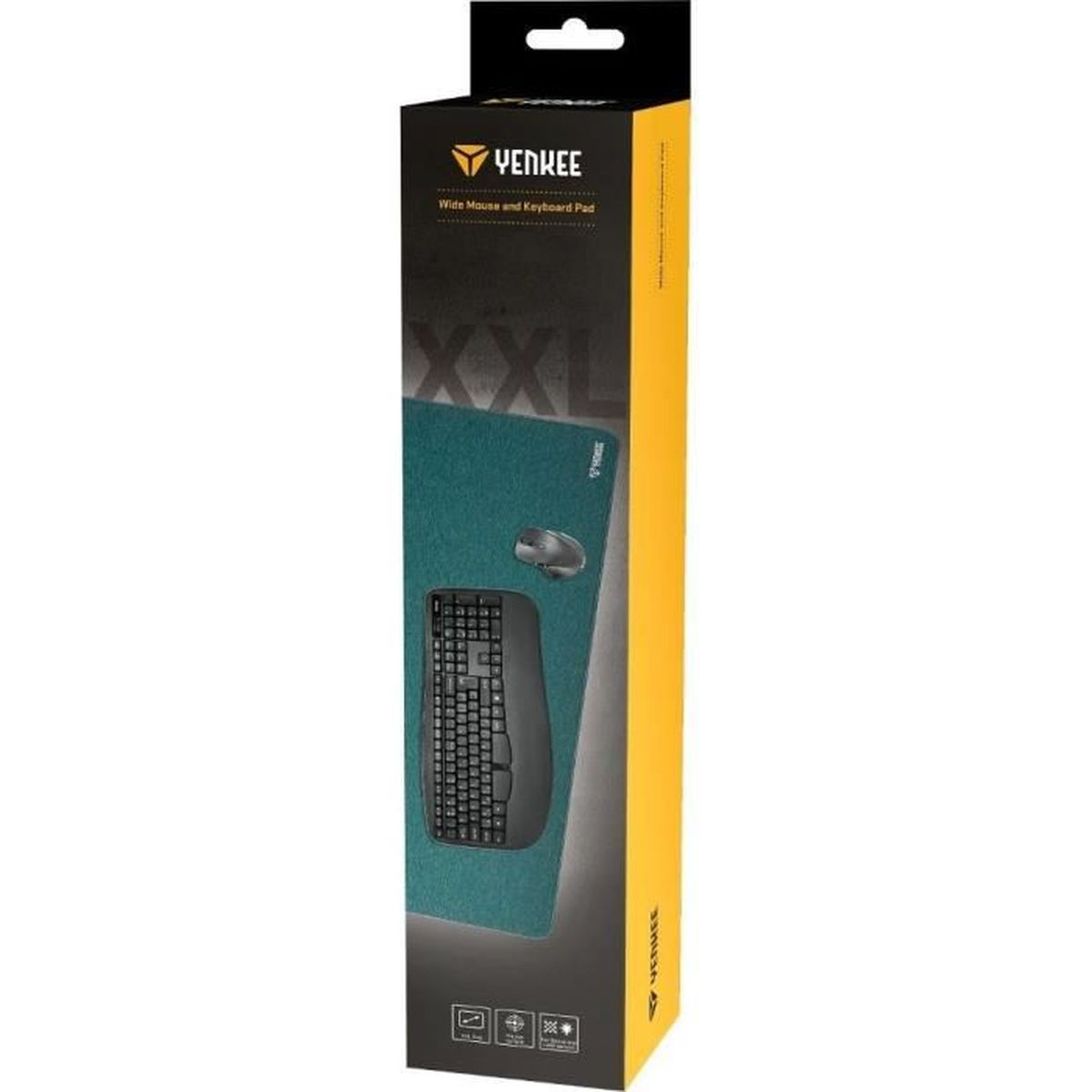 Verpackung mit Mauspad, Tastatur und Maus im XXL-Format.