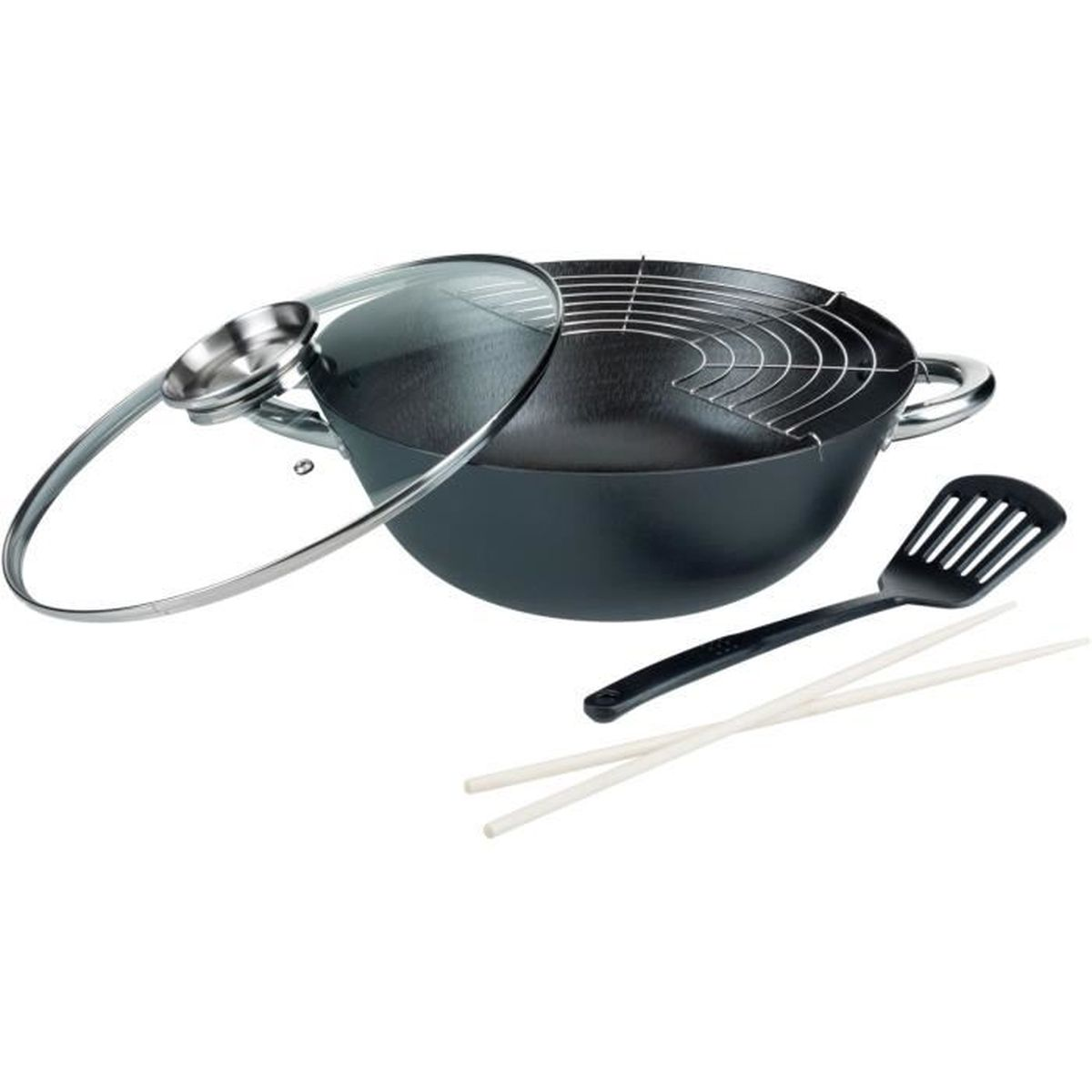 Ein Wok mit Glasdeckel, Grillrost, Pfannenwender und Essstäbchen.