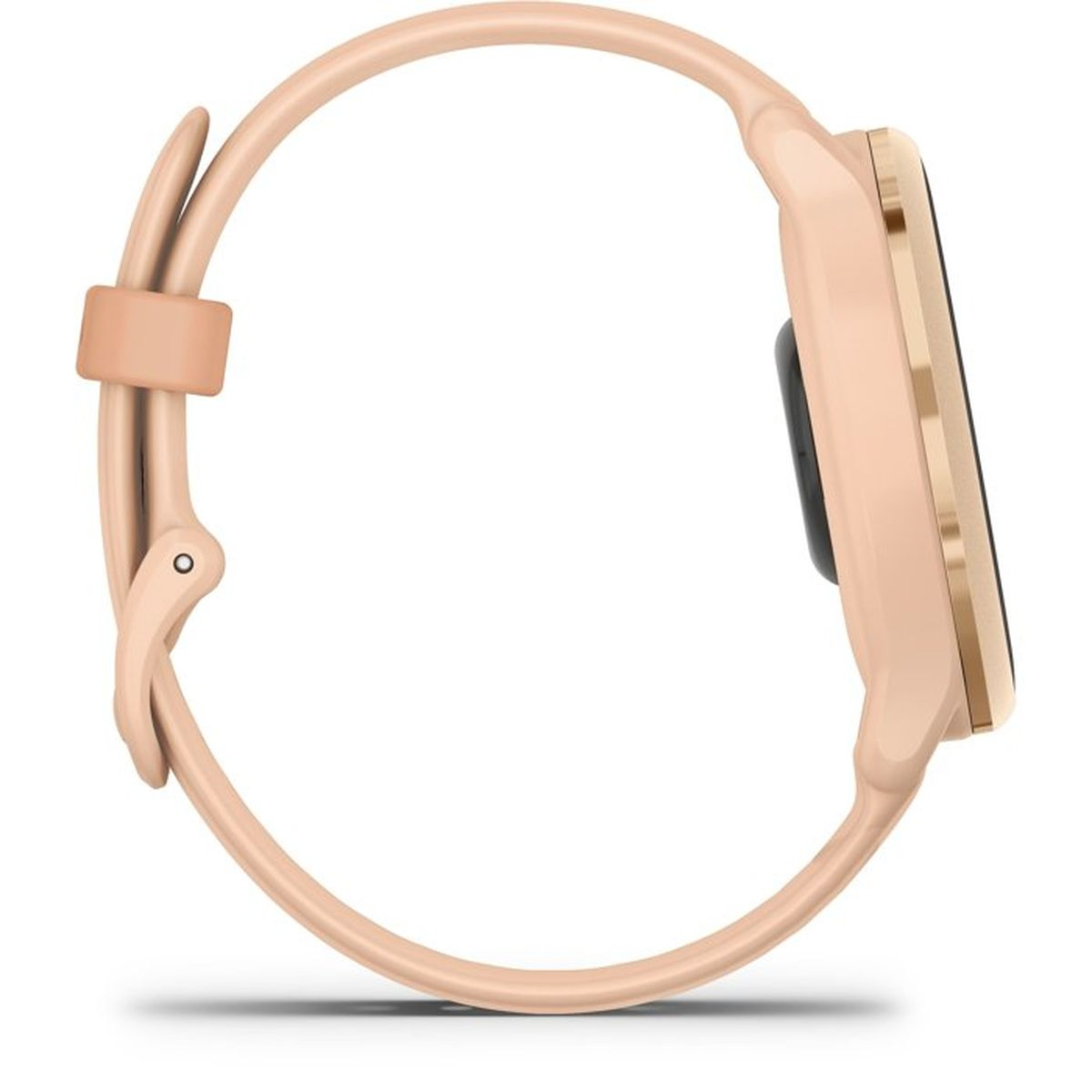 Un reloj inteligente color melocotón con bisel dorado y pantalla negra.