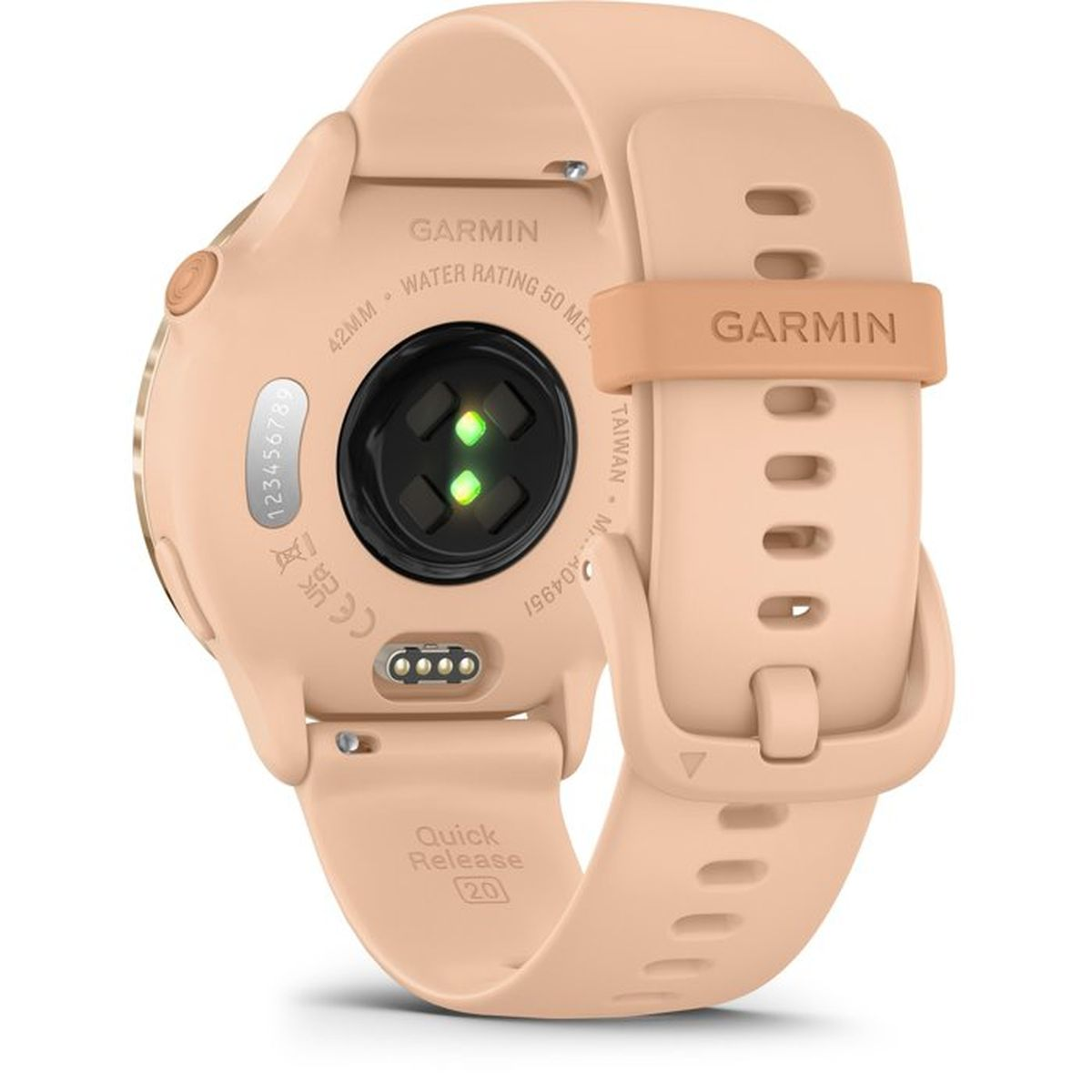 Parte trasera de un reloj inteligente Garmin color melocotón con sensor.