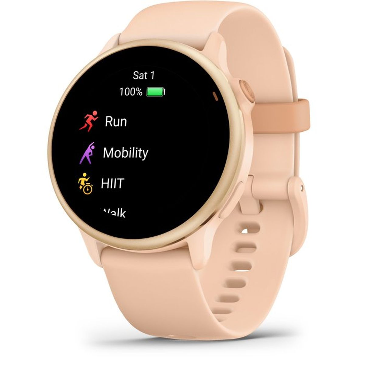 Un reloj inteligente color melocotón muestra actividades como Correr, Movilidad y HIIT.