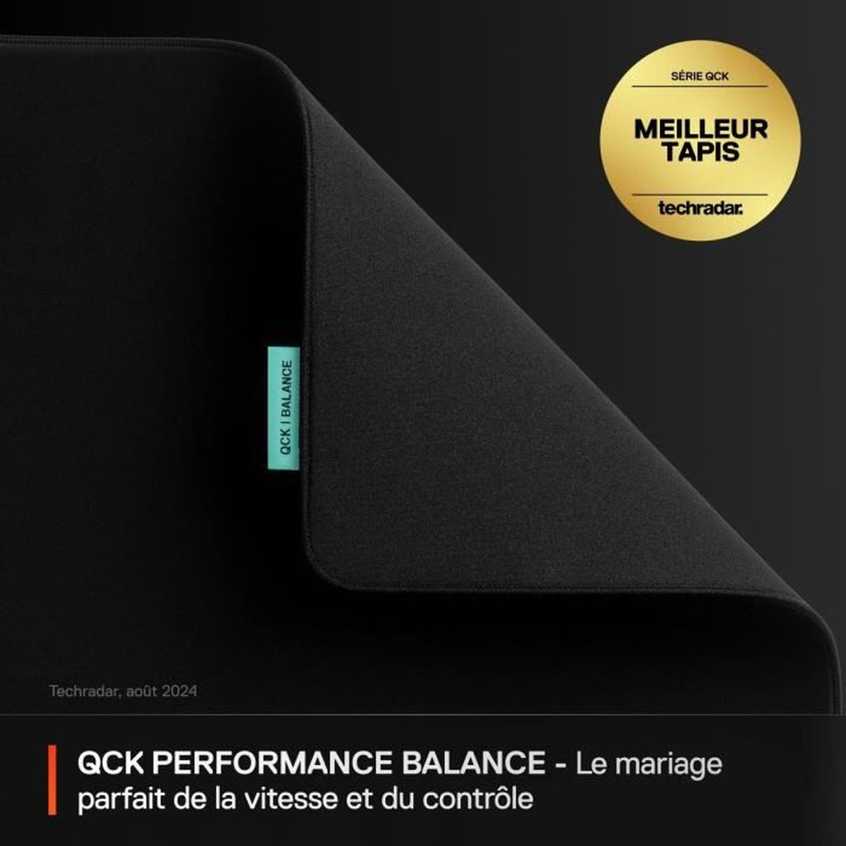 Tapis de souris noir avec sceau Techradar "Meilleur tapis" et étiquette QCK I BALANCE.