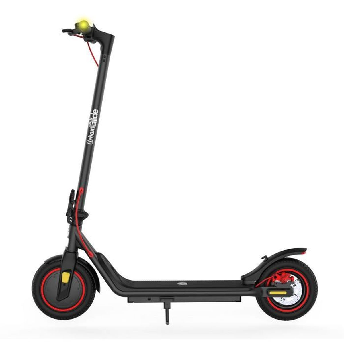 Uno scooter elettrico nero con accenti rossi e un faro.