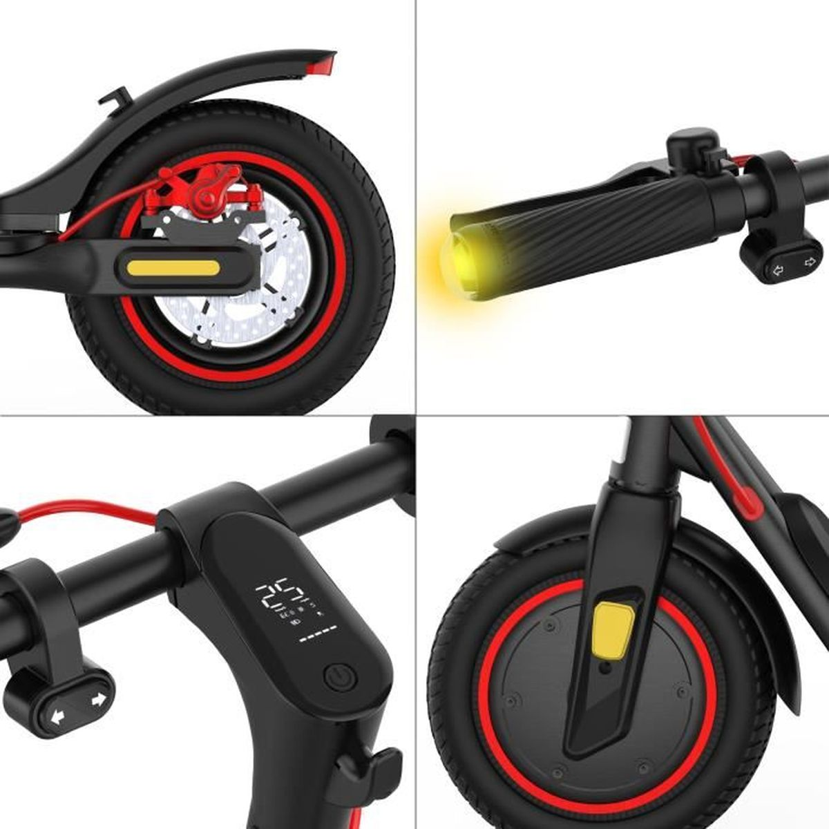 Primo piano di un monopattino elettrico nero con accenti rossi e luce gialla.