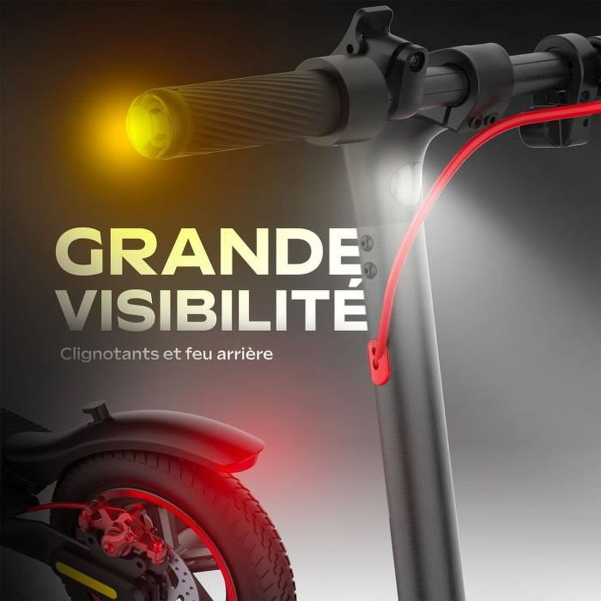 Monopattino con luce anteriore gialla, luce posteriore rossa e testo 'GRANDE VISIBILITÉ'.
