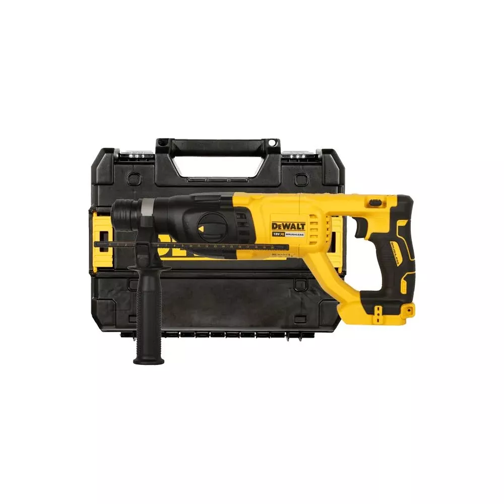 Gelber und schwarzer Bohrhammer von DeWalt im Koffer.