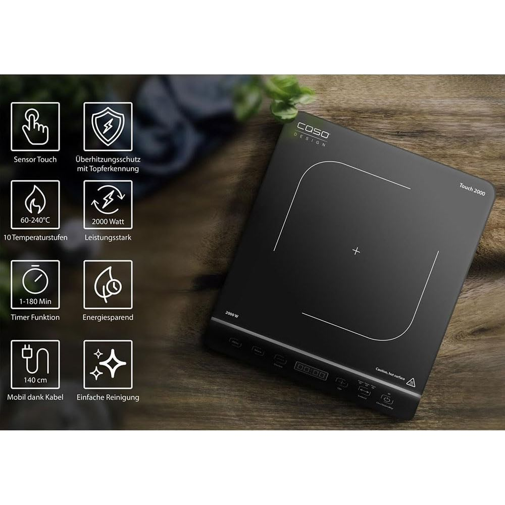 Piano cottura a induzione nero con touchscreen e icone funzione.