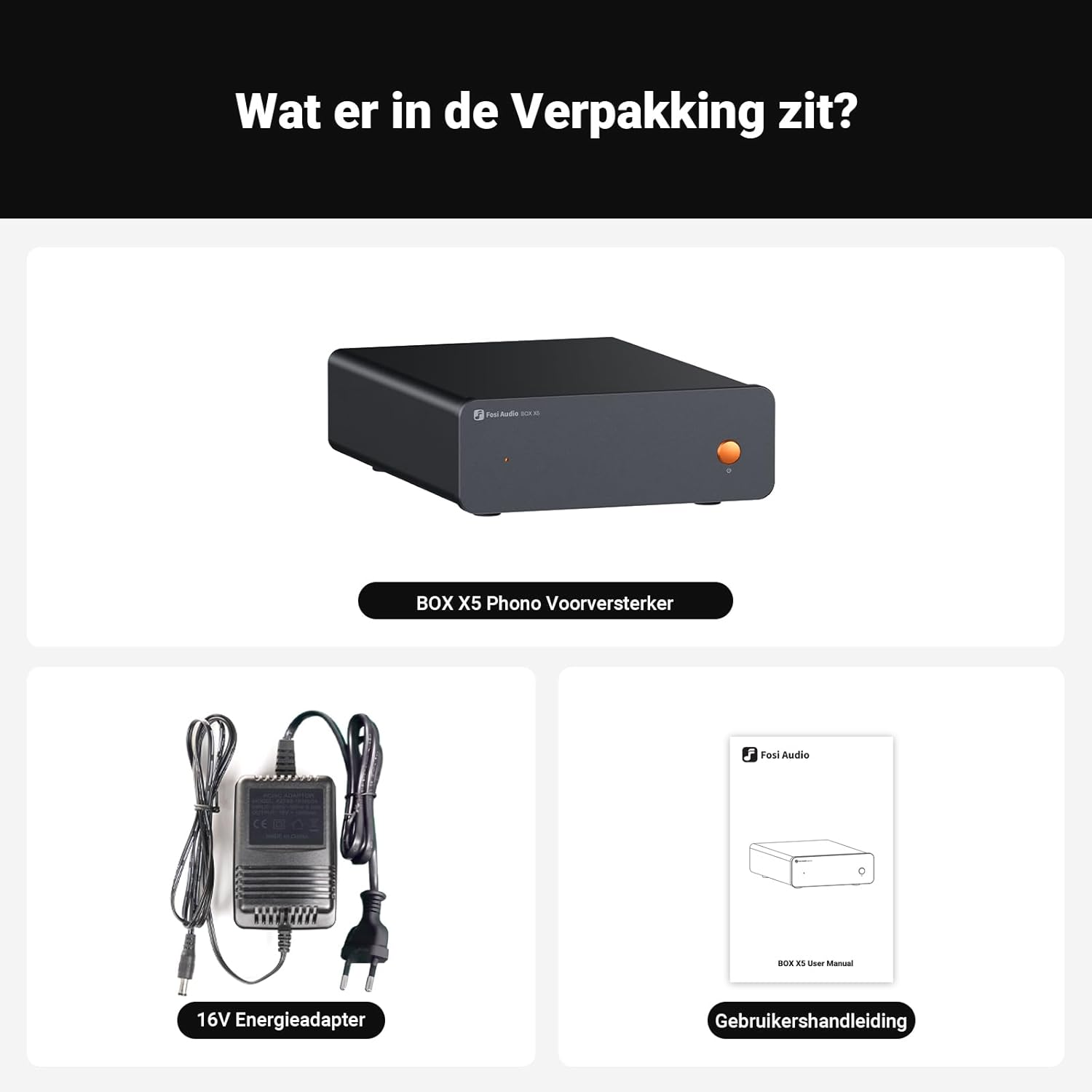 Inhalt einer Verpackung: Phono-Vorverstärker, Netzteil und Anleitung.