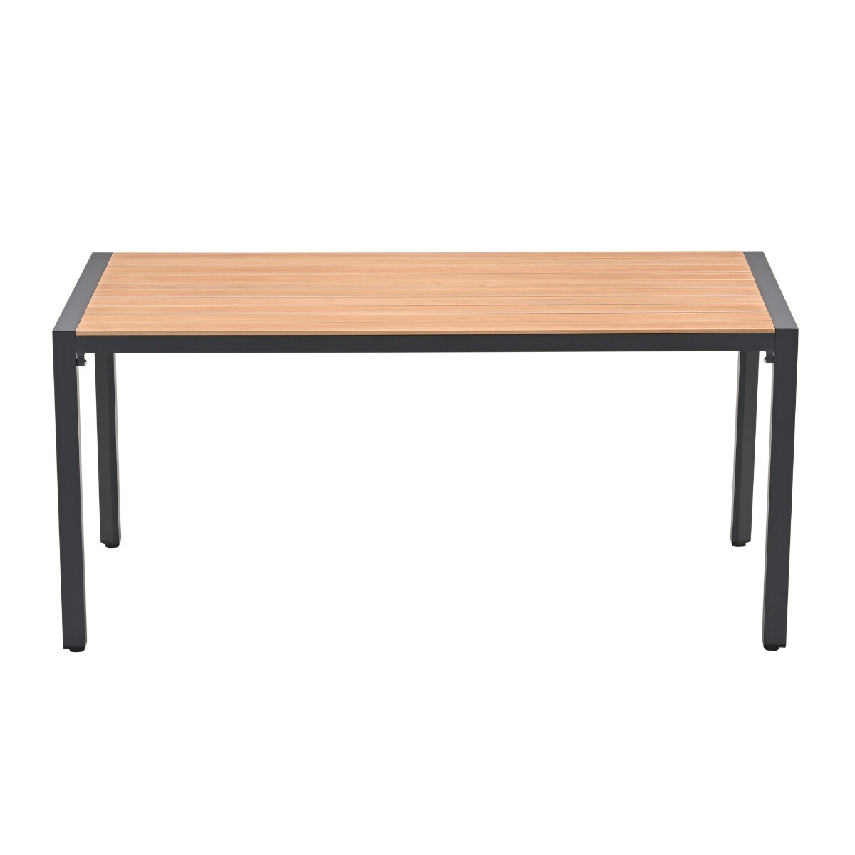 Een rechthoekige tafel met een houten blad en een zwart metalen frame.