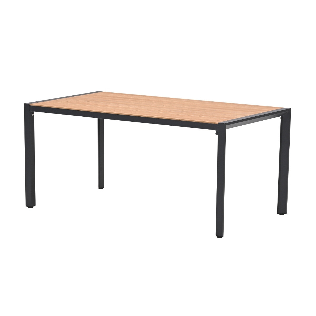 Een rechthoekige tafel met een houten lamellenblad en een donker metalen frame.