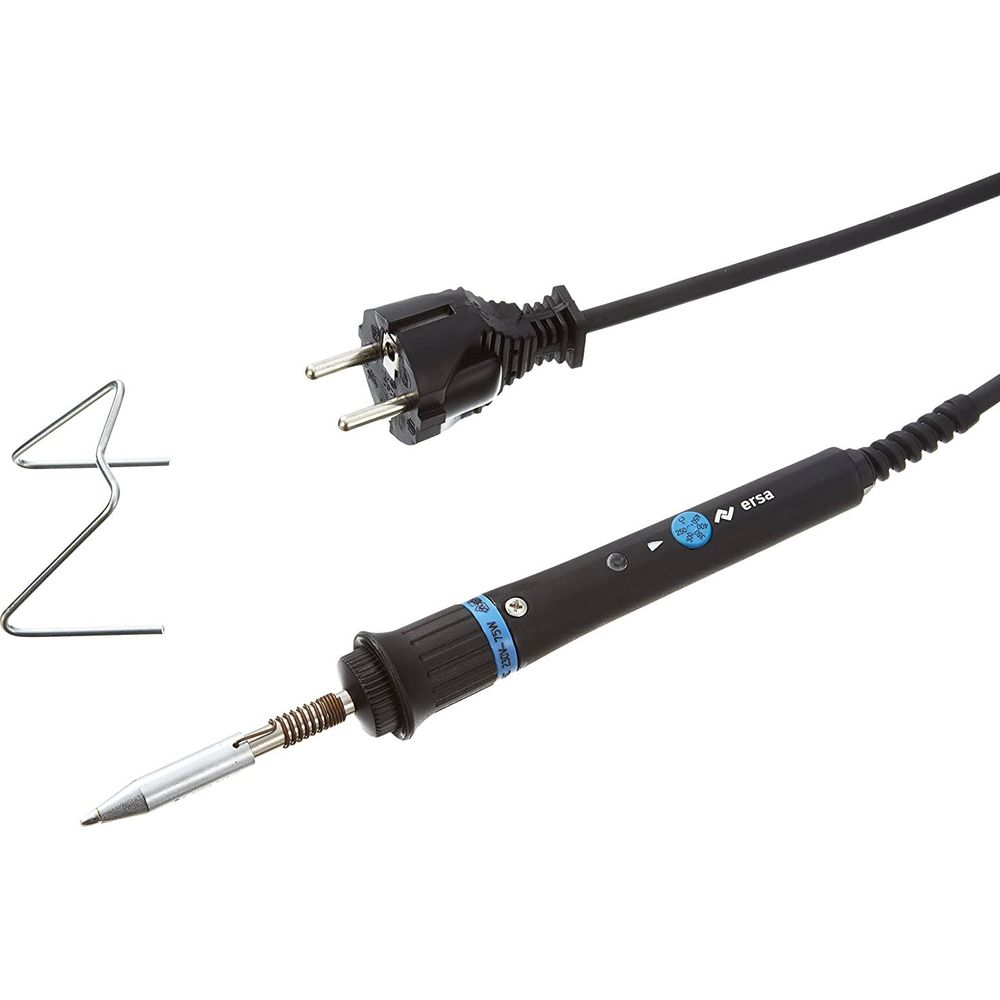 Ein schwarzer Lötkolben mit einem Stecker, einem Ständer und dem Markennamen Ersa.