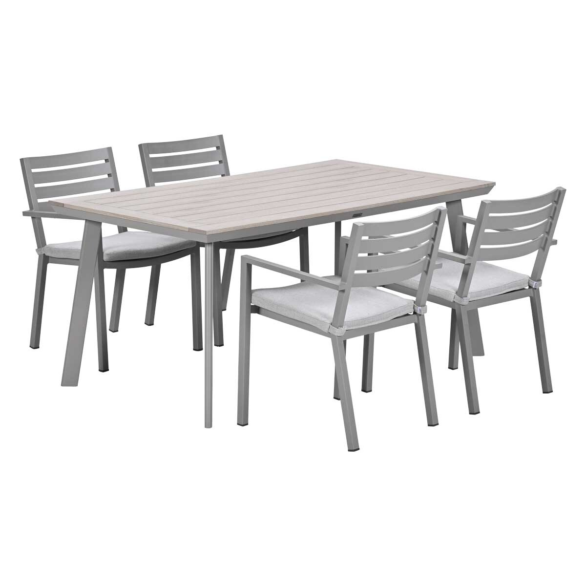Een grijze eettafelset met vier stoelen met lichtgrijze kussens.