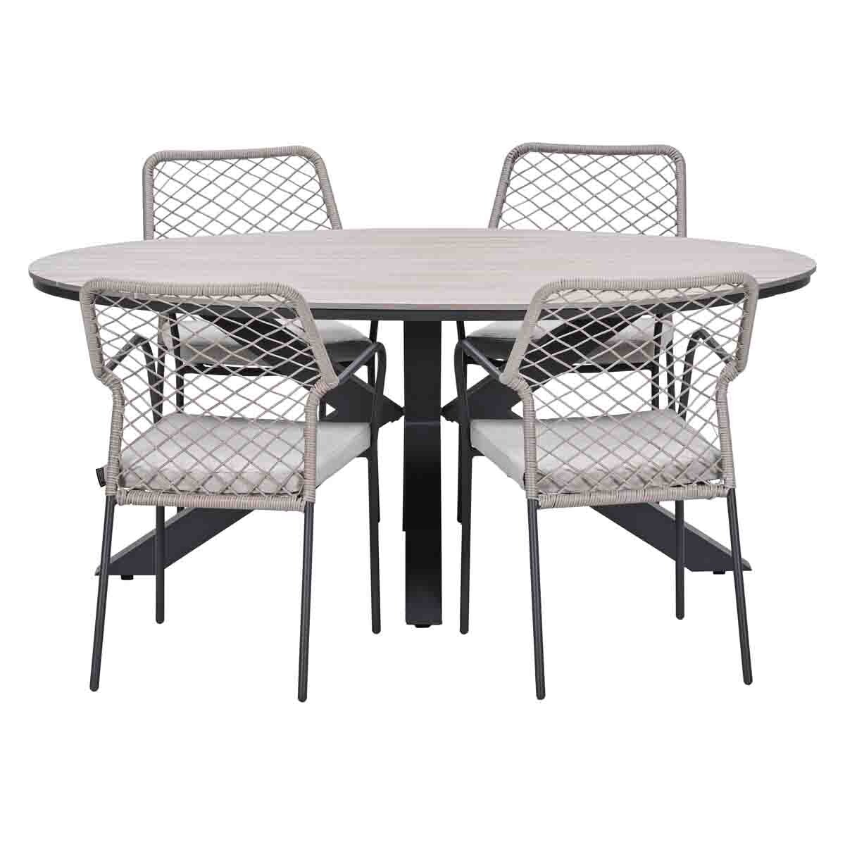 Een ovale eethoek met vier stoelen, allemaal in grijs- en beigetinten.