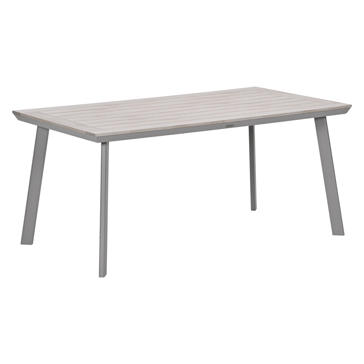 Een rechthoekige tafel met grijze metalen poten en een lichtgrijs houten lattenblad.
