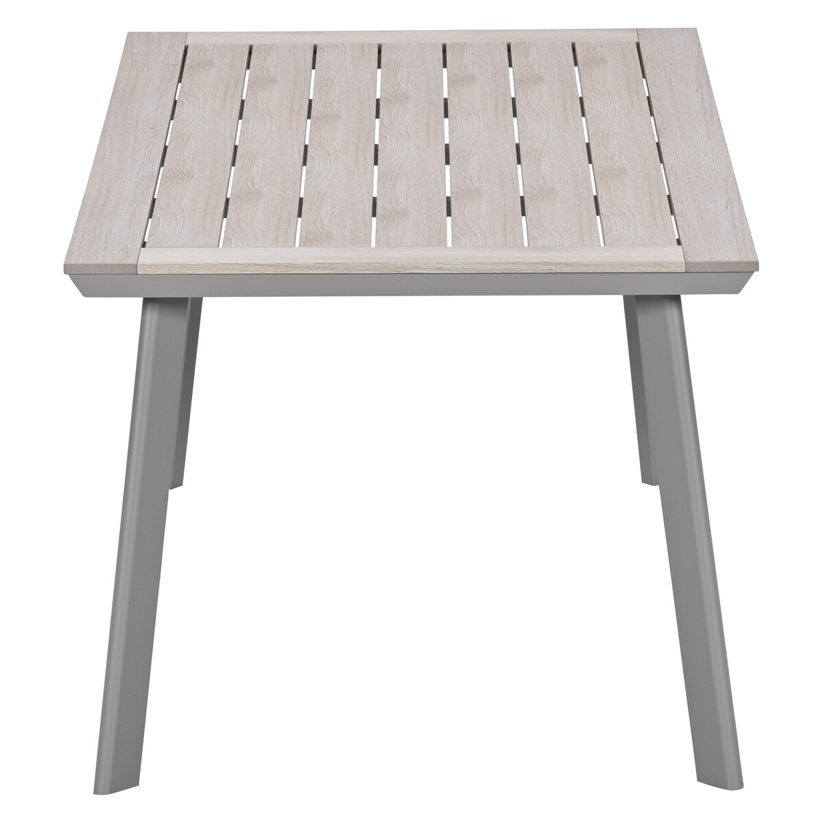 Een rechthoekige tafel met een licht houten lamellenblad en grijze metalen poten.