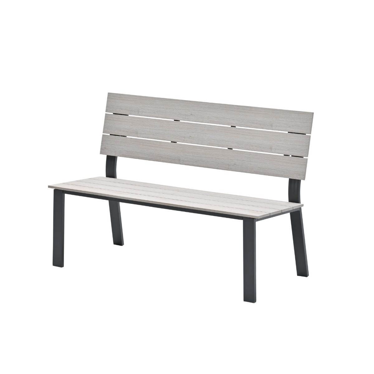 Een grijze houten bank met zwart metalen frame staat op witte achtergrond.