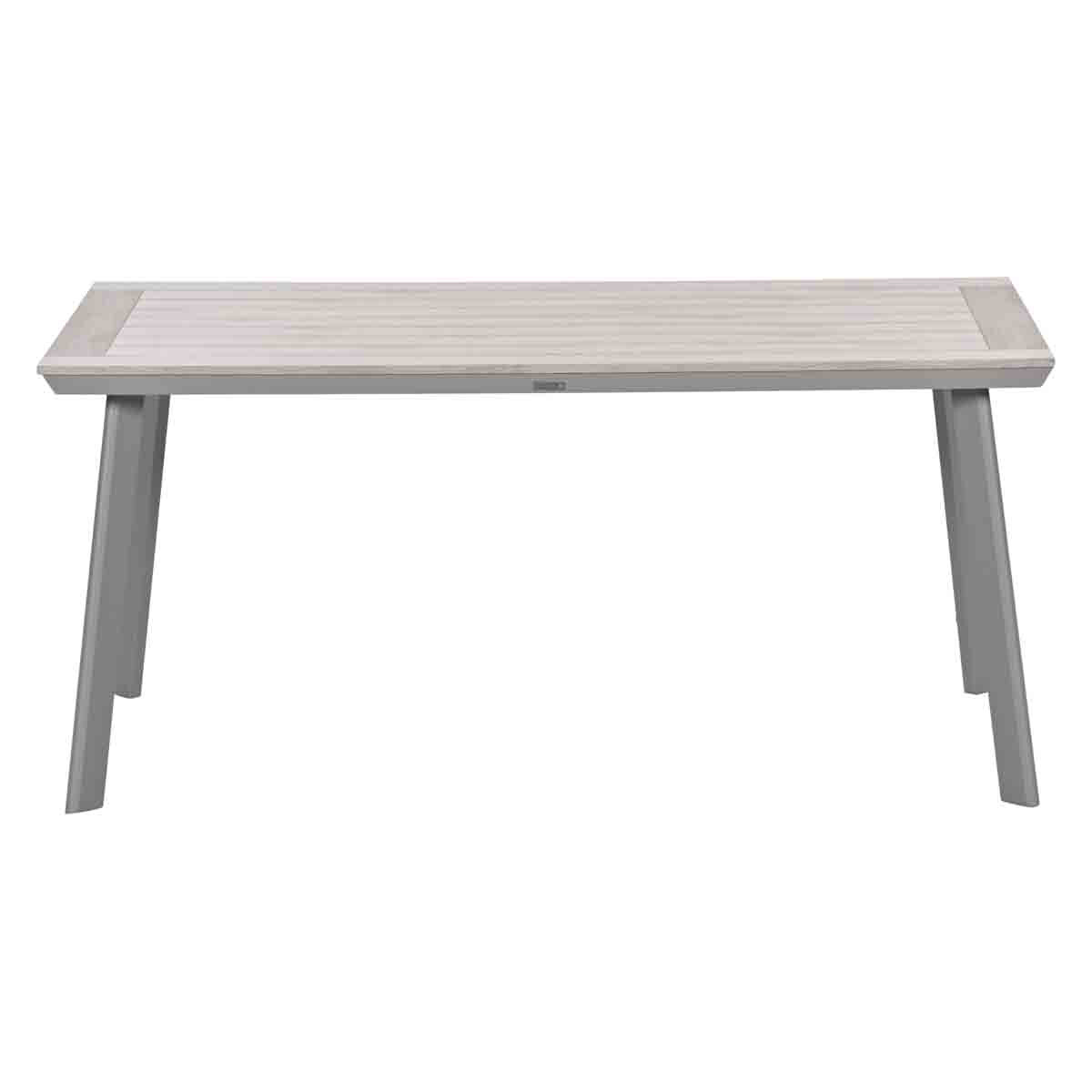 Een rechthoekige grijze tafel met een houten lamellenblad en vier grijze poten.