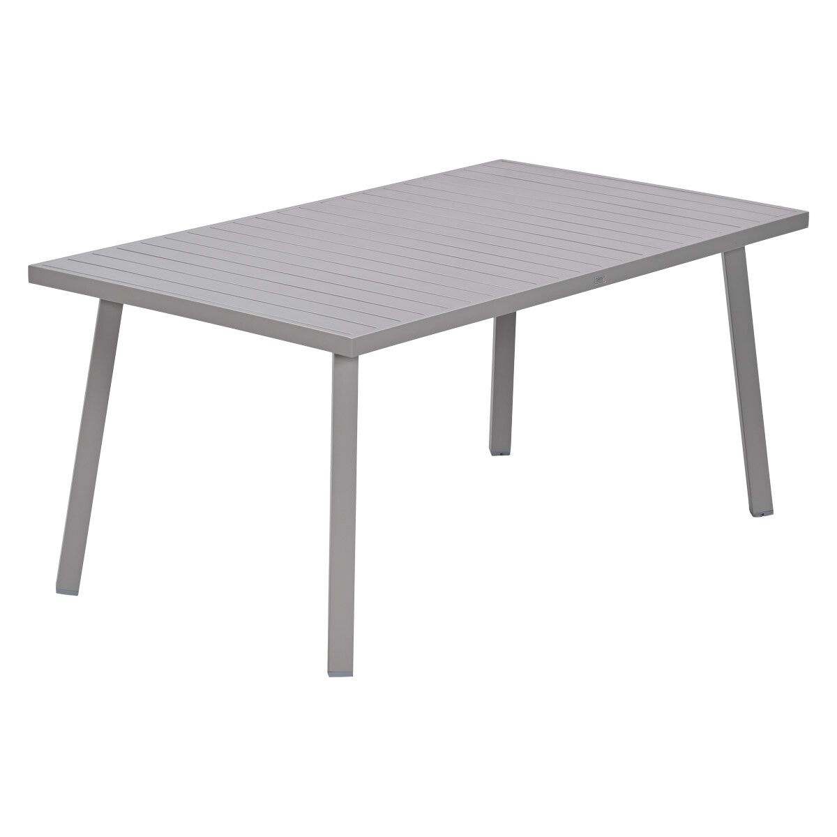 Een grijze rechthoekige tafel met een lattenbodem en vier poten.