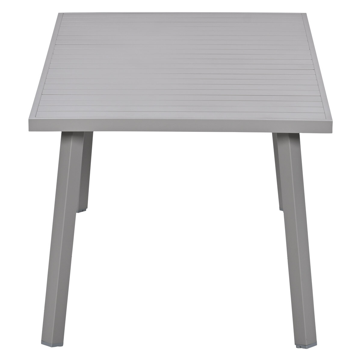 Grijze rechthoekige tafel met lamellenblad en vier poten.