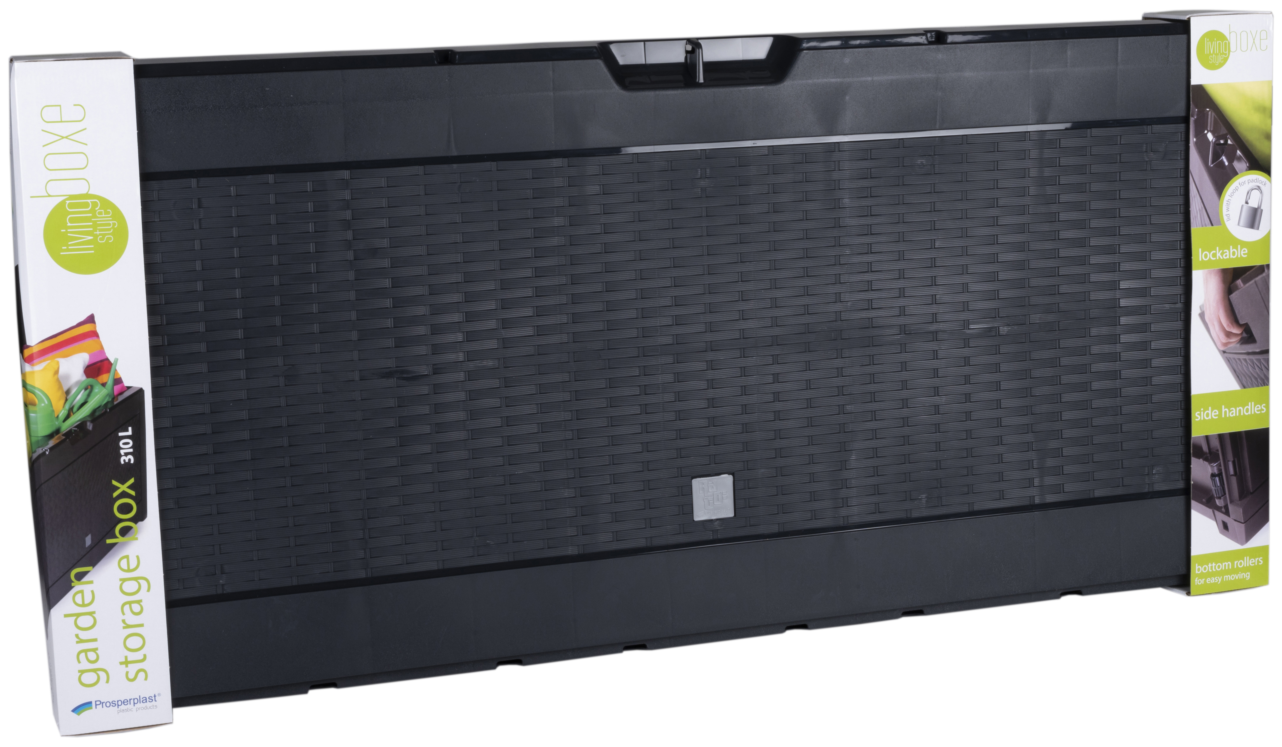 Zwarte tuinopbergbox met rotanlook, 310L, afsluitbaar.