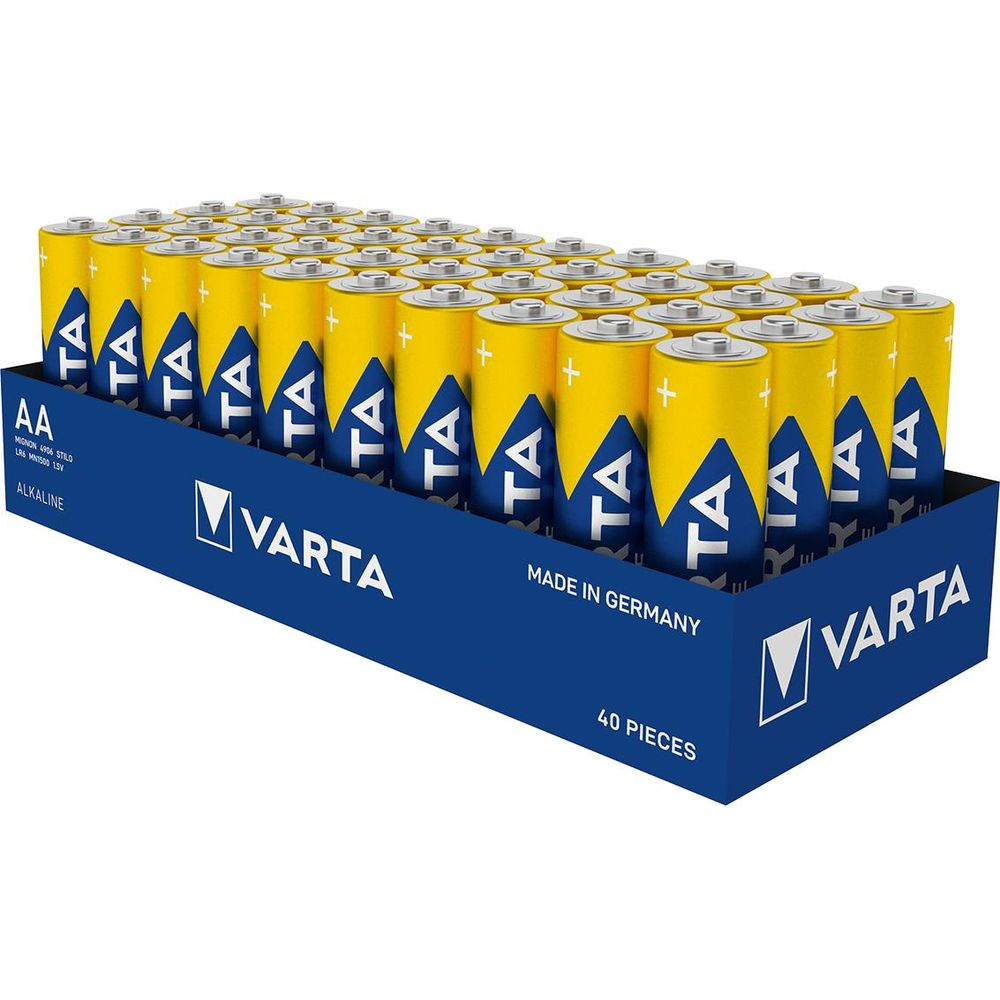Eine Packung mit 40 Varta AA Alkaline-Batterien, gelb und blau.