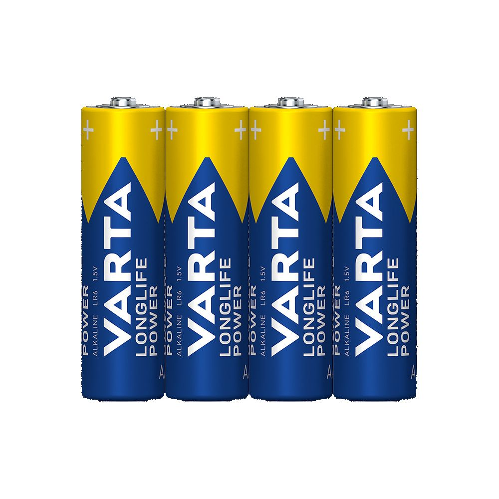 Vier Varta Longlife Power AAA-Batterien nebeneinander auf weißem Hintergrund.
