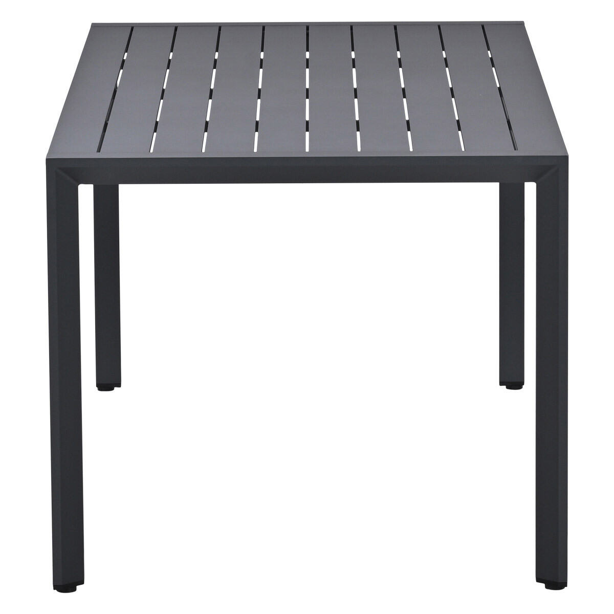 Een donkere tafel met een lamellenblad en vier poten.