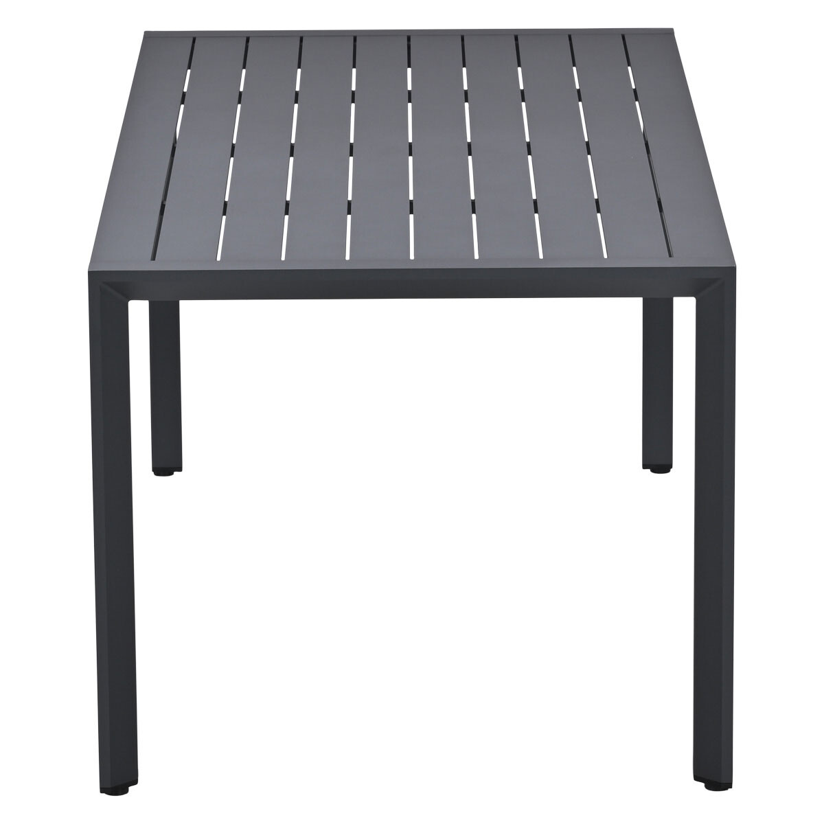 Een rechthoekige grijze tafel met een lattenbodem en schuine poten.