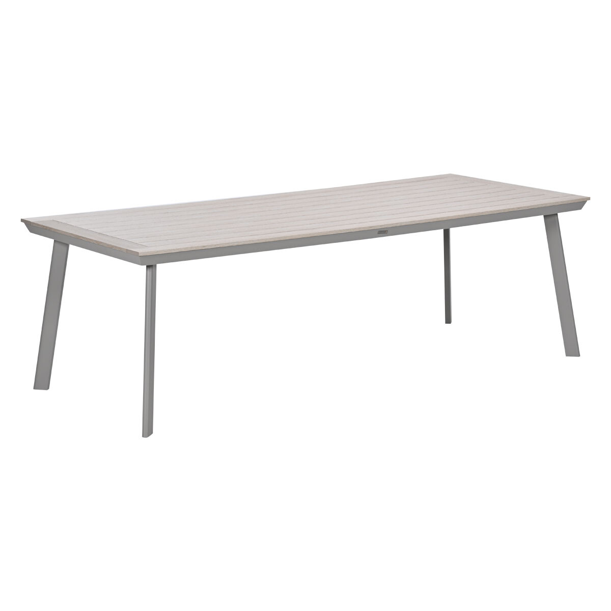Een rechthoekige tafel met een lichtgrijs lamellenblad en vier grijze poten.