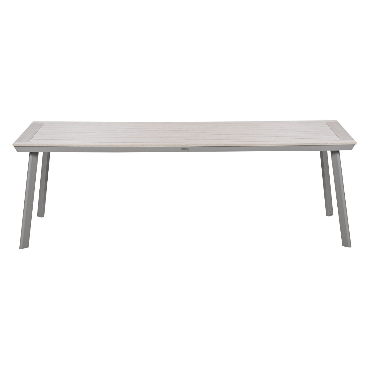 Een lange, rechthoekige tafel met een lattenbodem met hout-effect en grijze metalen poten.