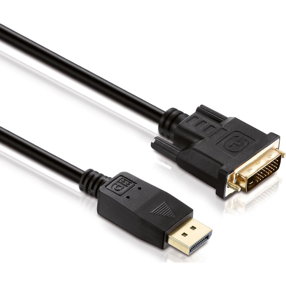 Câble DisplayPort vers DVI avec connecteurs dorés et boîtier noir.