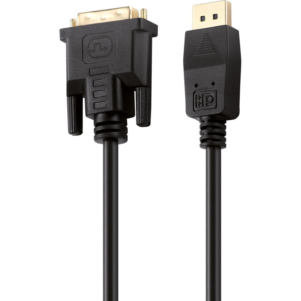 Un câble DVI noir et un câble DisplayPort avec connecteurs.