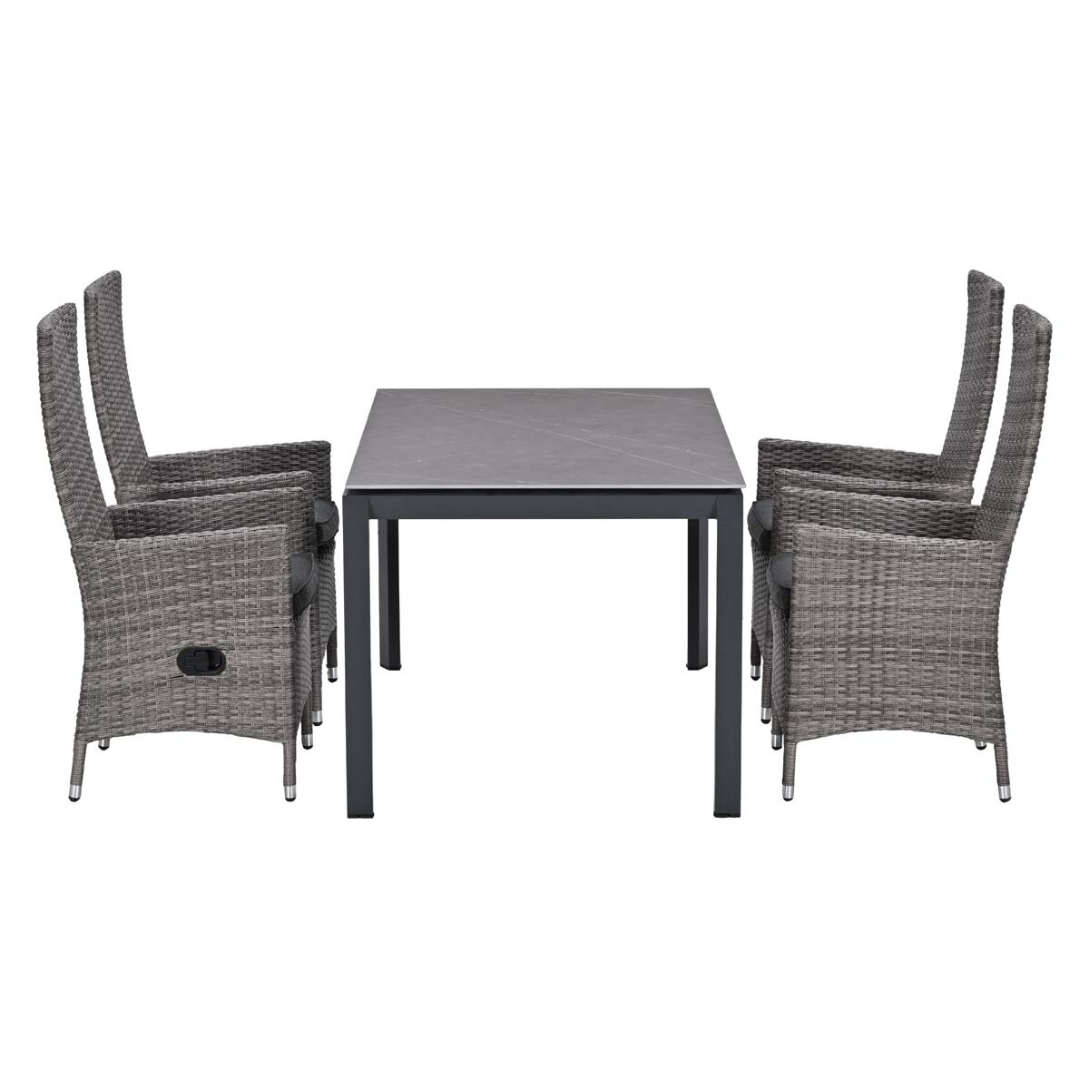Gray rattan dining table with four chairs, isolated on a white background.