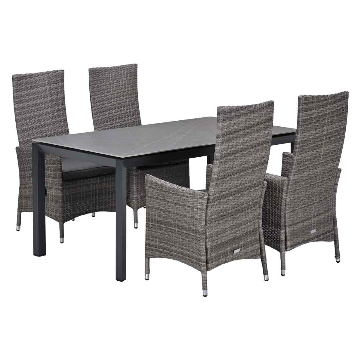 A grey rattan dining table with four chairs, all with grey cushions.