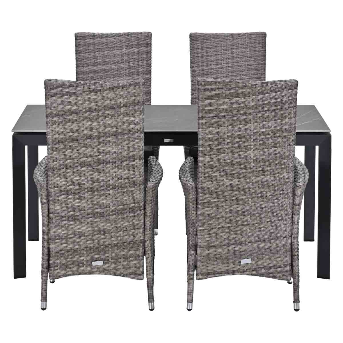 Gray rattan dining table with four chairs and stone top.