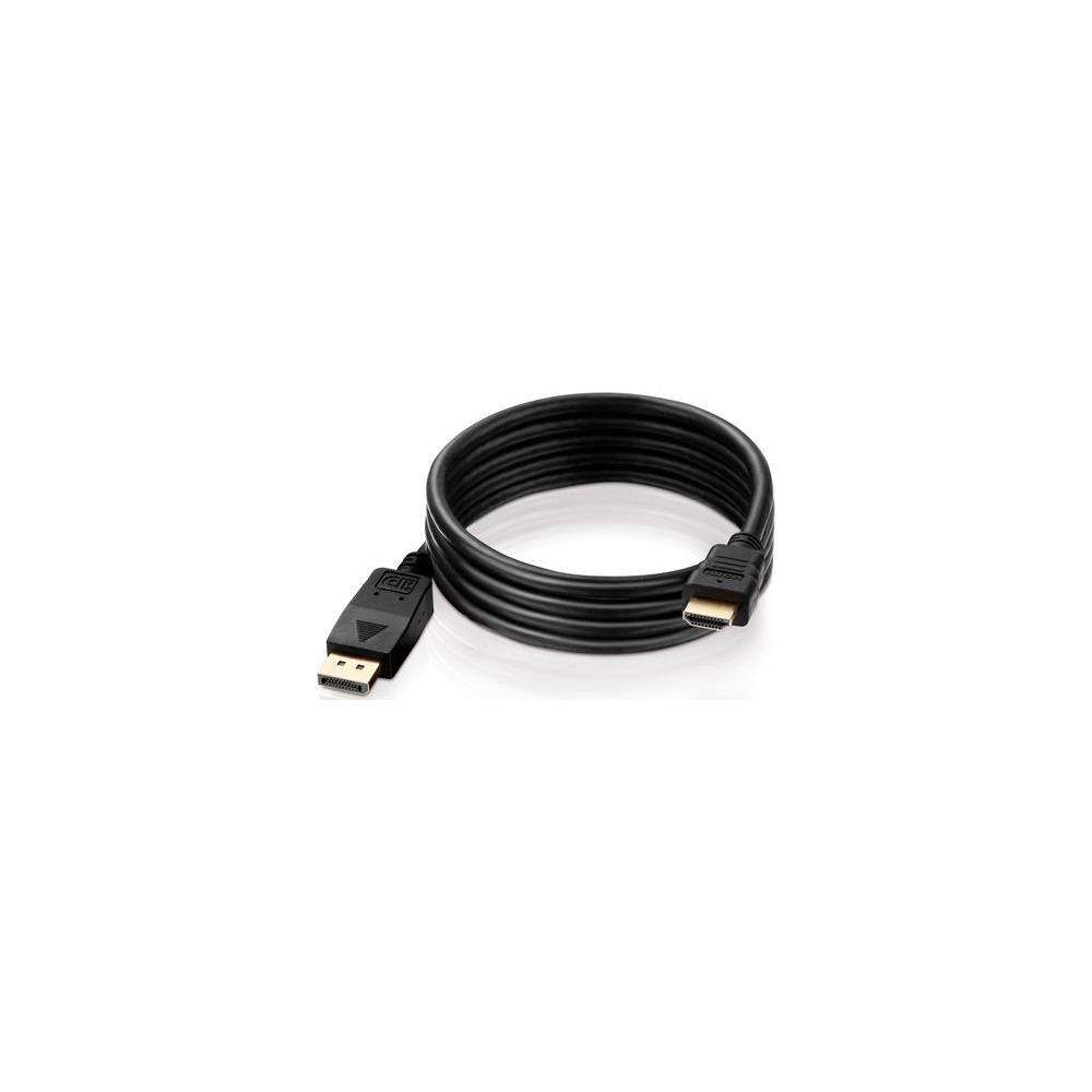 Schwarzes HDMI-Kabel mit DisplayPort-Stecker, aufgerollt auf weißem Hintergrund.