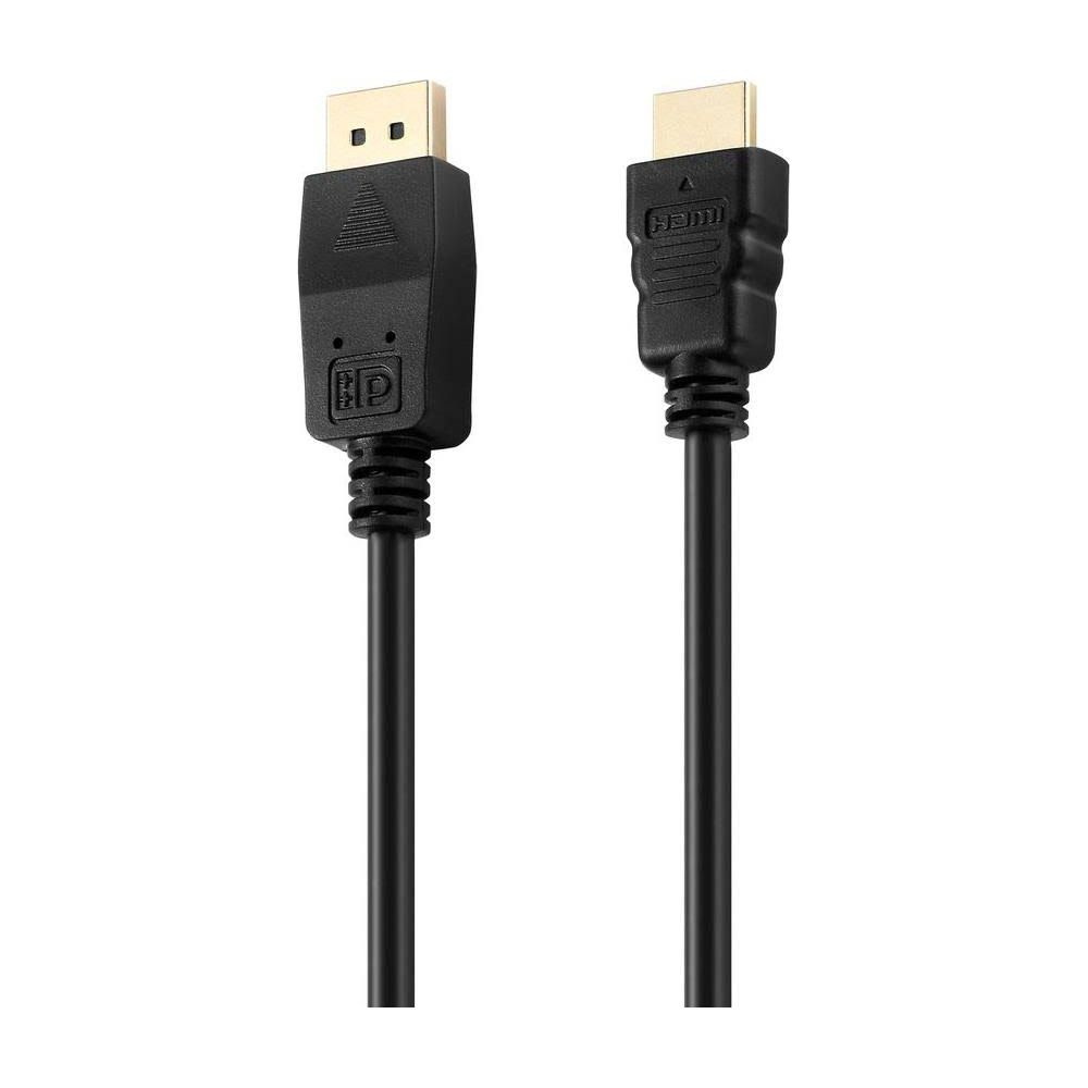 Zwei schwarze Kabel mit HDMI- und DP-Steckern auf weißem Hintergrund.