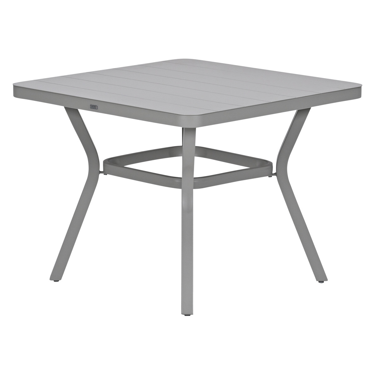 Grijze vierkante tafel met lamellenblad en gebogen poten.