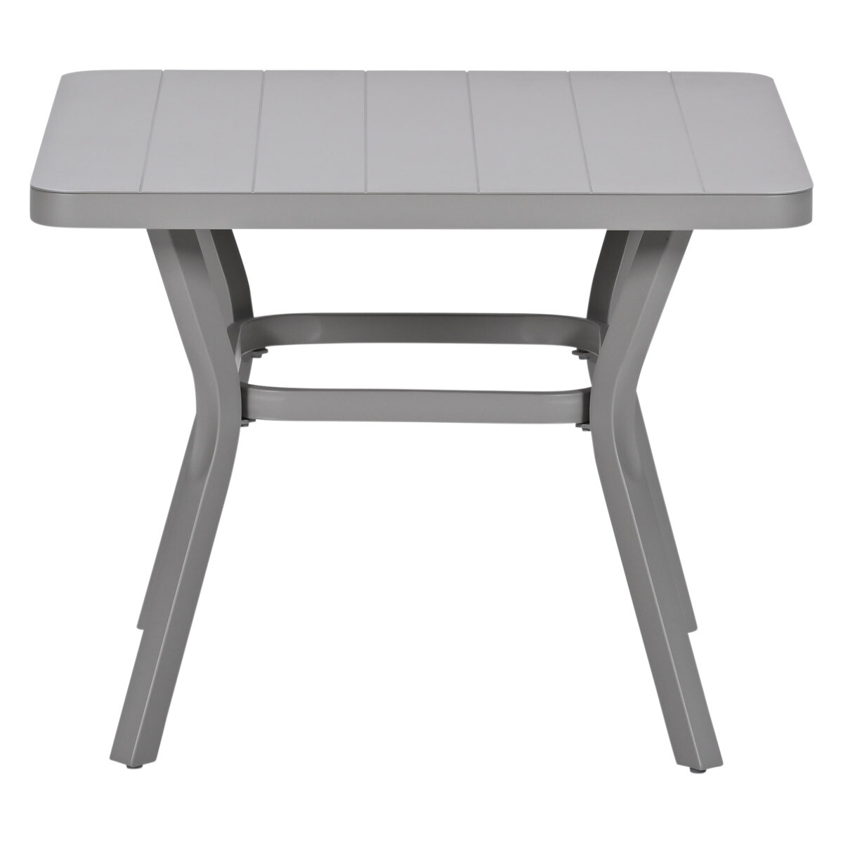 Een grijze tafel met een lamellenblad en gebogen poten.