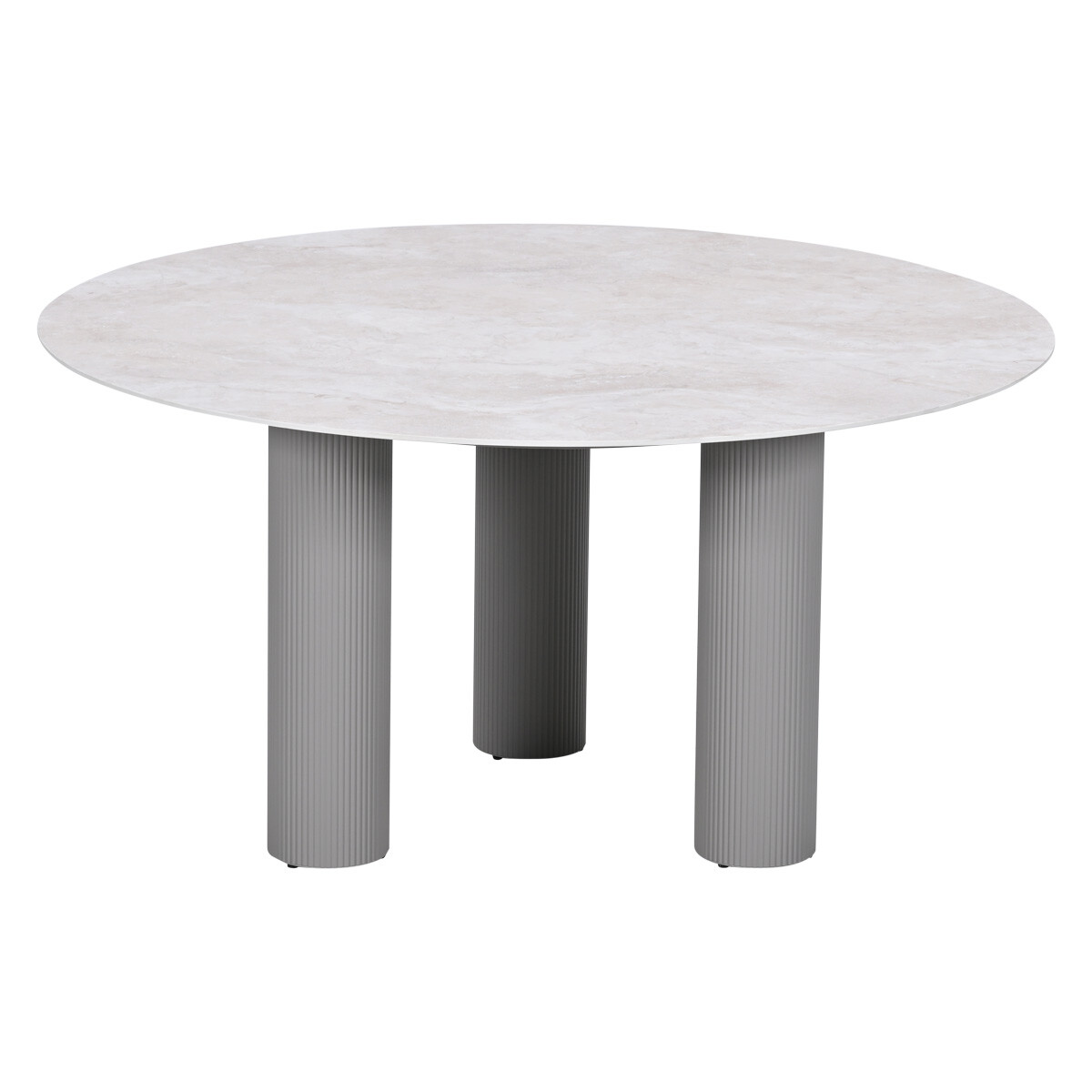 Ronde tafel met grijze gegroefde poten en licht marmeren blad.