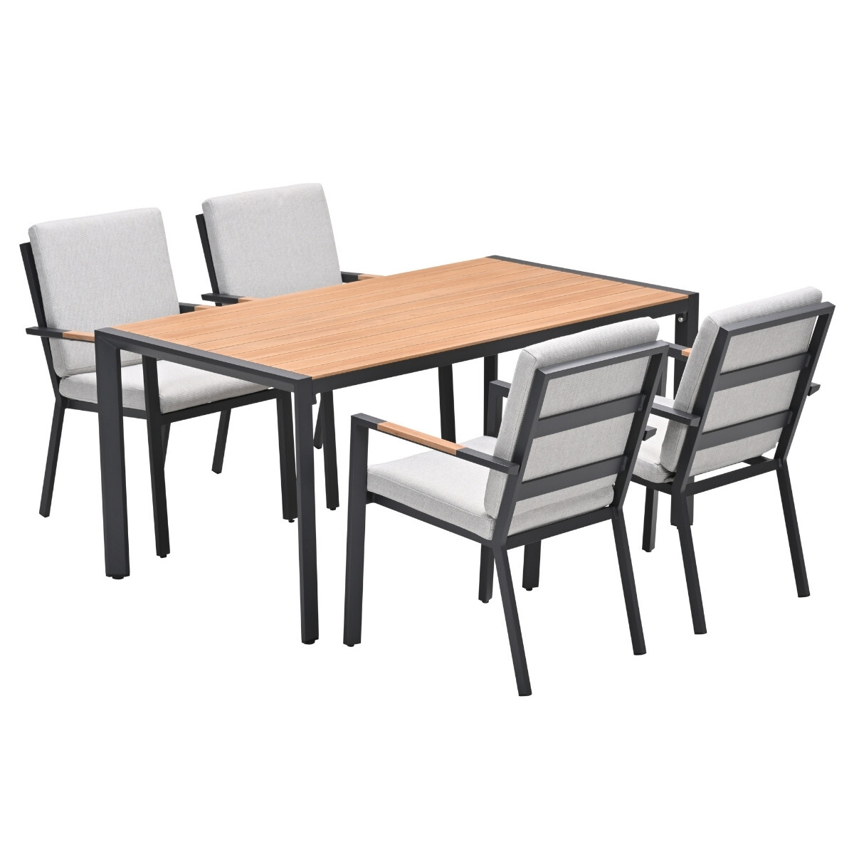 Een houten eettafel met vier grijze gestoffeerde stoelen met donkere frames.