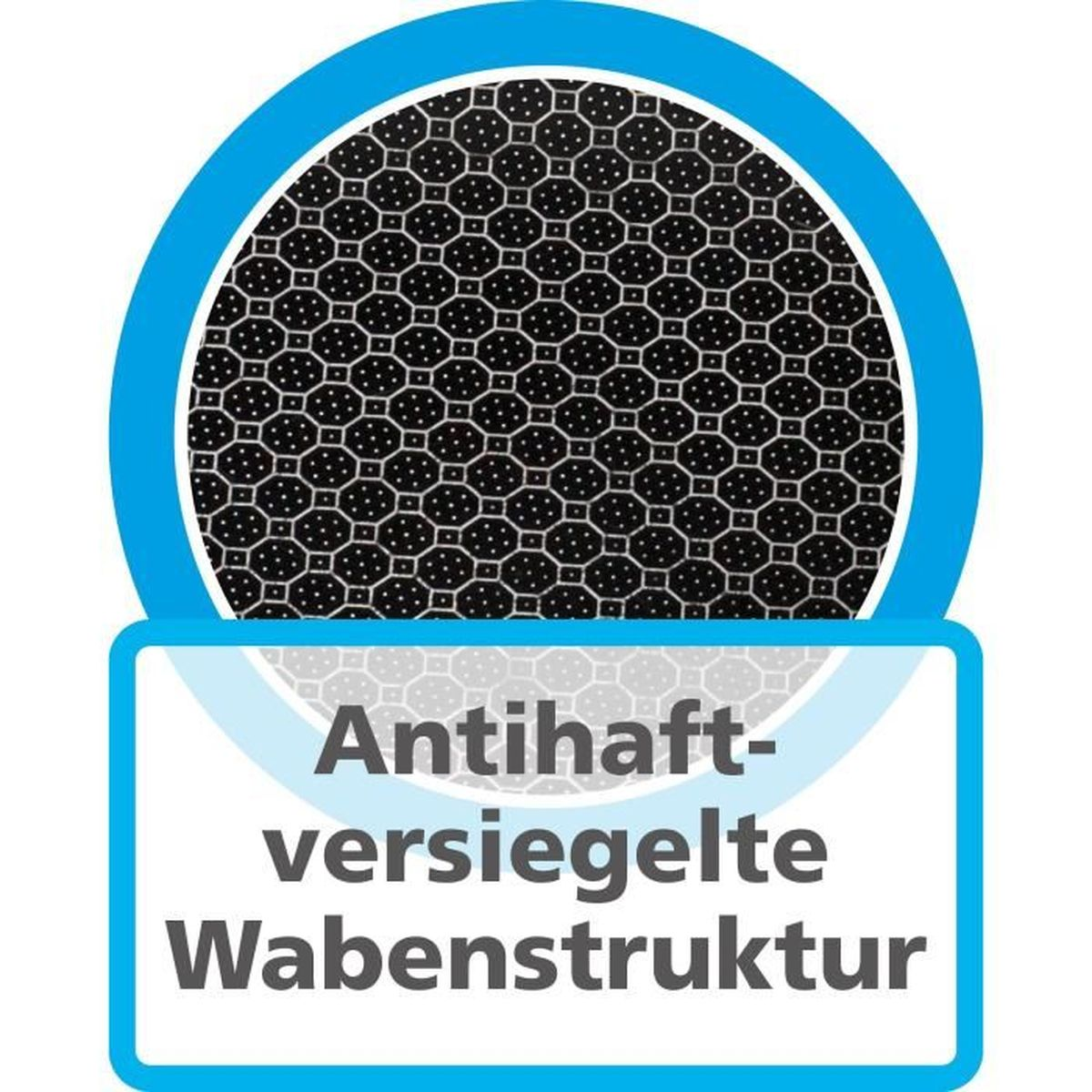 Schwarzes Wabenmuster in blauem Kreis. Text: Antihaft-versiegelte Wabenstruktur