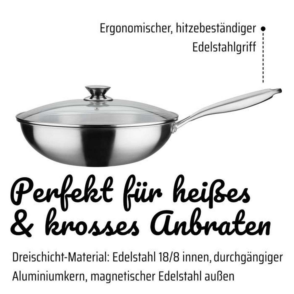 Ein Edelstahl-Wok mit Glasdeckel und ergonomischem Griff.